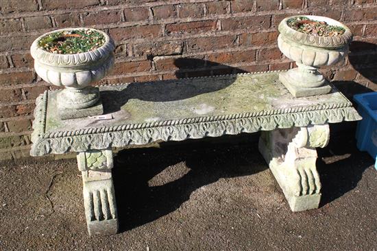 Stone garden bench & a pair of plant pots